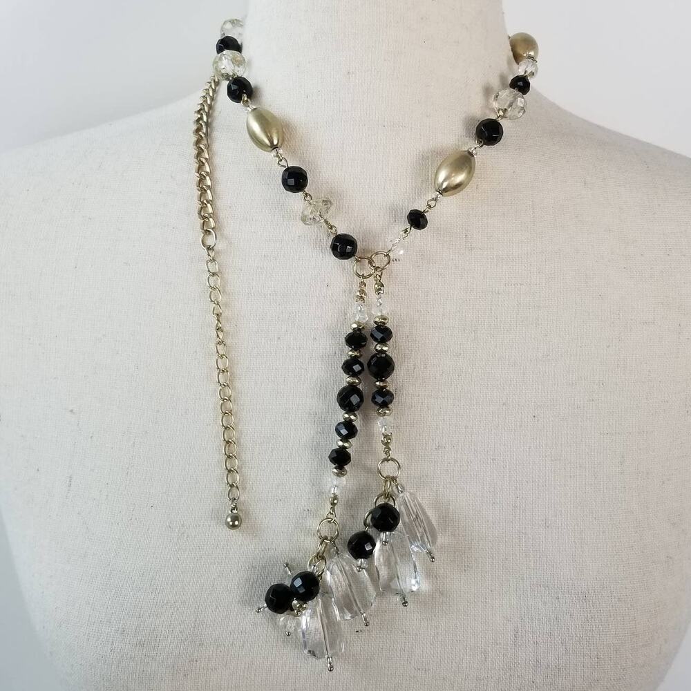 Chicos Long Statement Necklace Gold Tone Black Clear Faceted Beads Metal Baubles